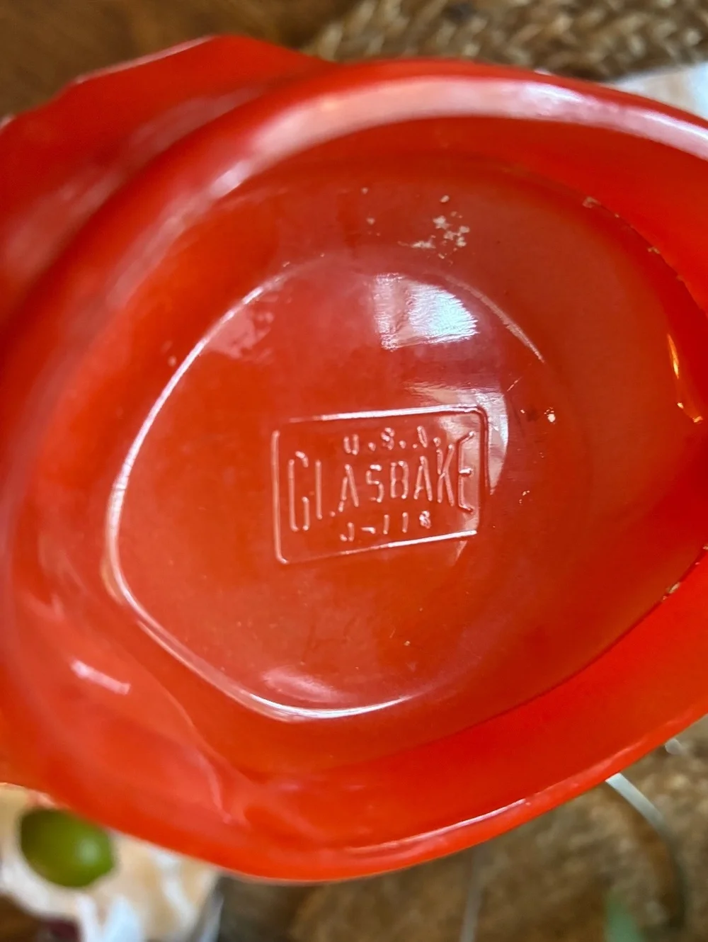 Vintage U.S.A. Glasbake Red Glass Bowl with Six Clear Glass Dishes Set